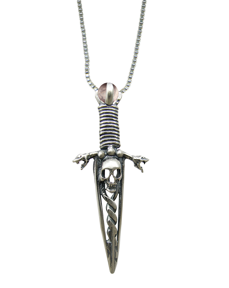 Sterling Silver Knife Dagger Pendant of Death With Rose Quartz